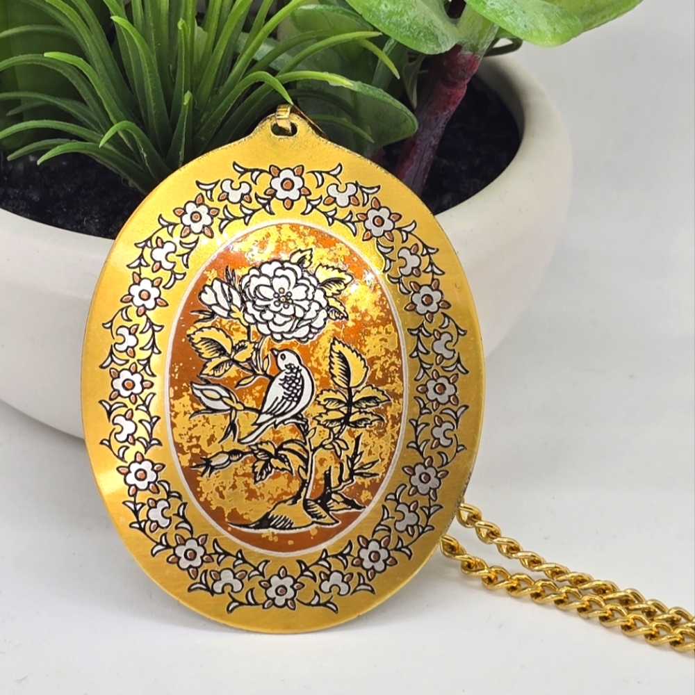 Vintage REED & BARTON Gold/Silver tone DAMASCENE FLOWER Pendant Medallion Chain